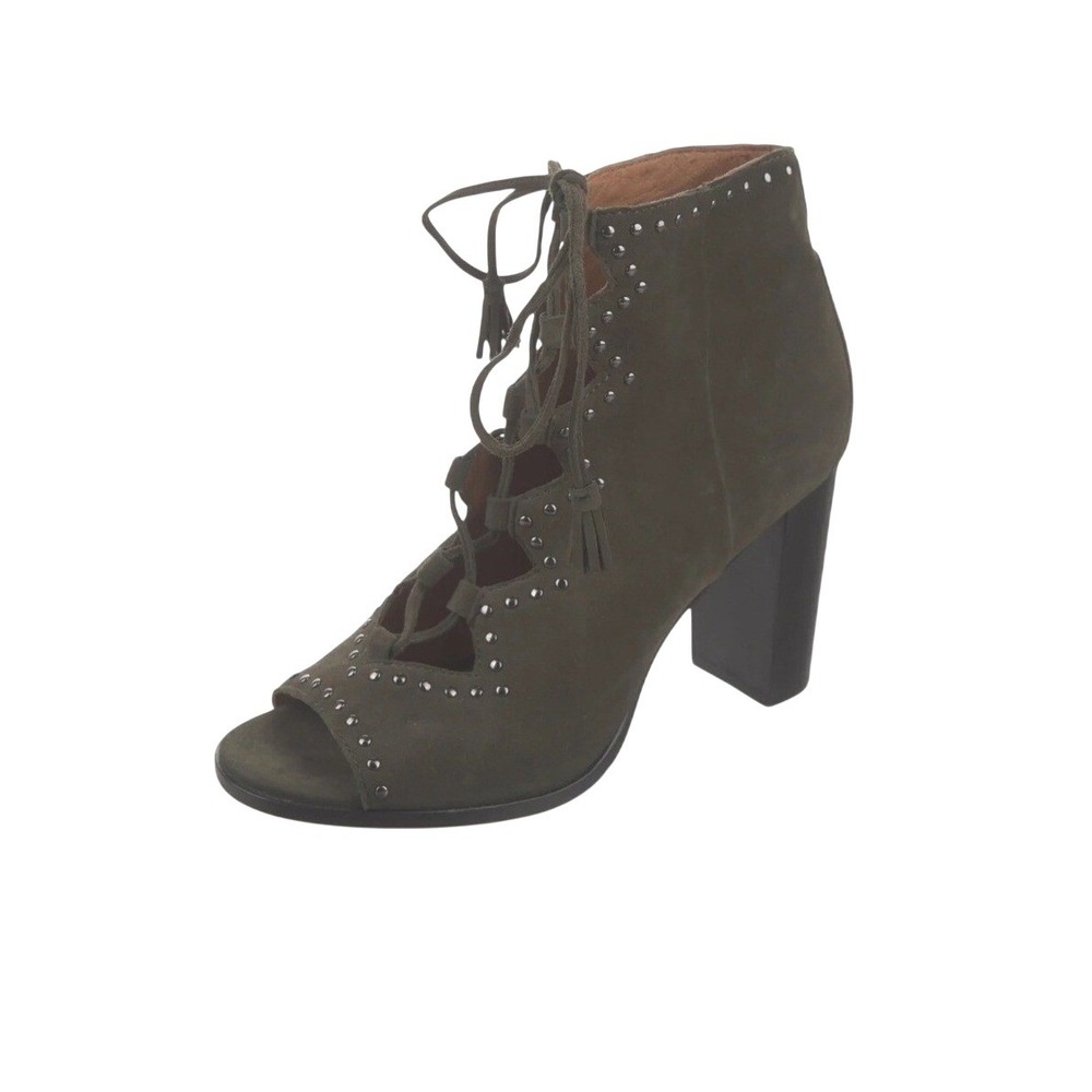 Frye Women Olive Green Suede Lace Up Peep Toe Booties Size 8M Studded Tassel